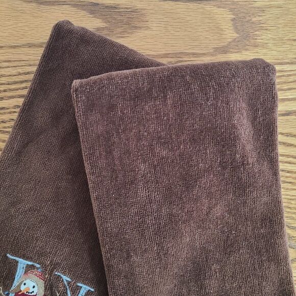 Holiday Hand Towels Brown "Joy" Snowman Set Of Two Velour Look - Picture 6 of 13
